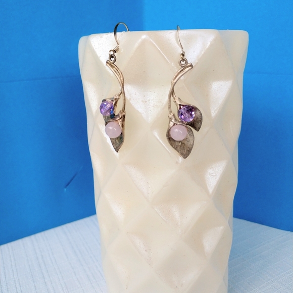 Dangle Earrings Amethyst Silver Floral Purple Pearl - Picture 4 of 7